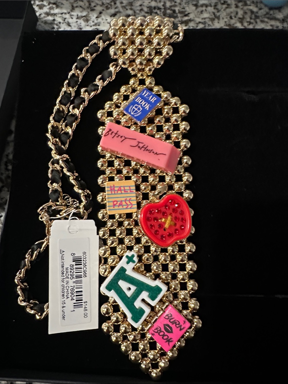Betsey Johnson Gold Chain-Link Charm Necklace with Colorful School-Themed Charms